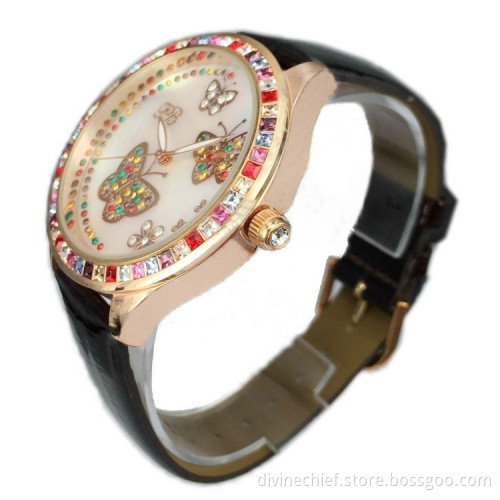 Nice CNC Inlaid Stones Fashion M.O.P Dial Lady Watch Water Resistance Wrist Watch